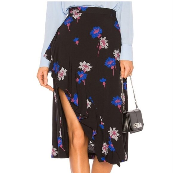 Tanya Taylor Grayson Black Blue Pink Floral Silk Asymmetric Ruffle Midi Skirt - Picture 1 of 8